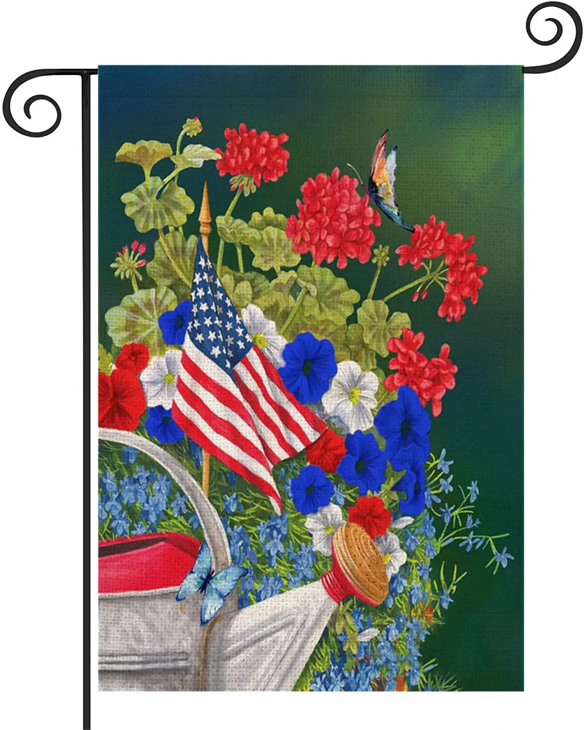 Bandera del jardín de flores rojas y azules del 4 de julio, 12,5x18 pulgadas, estrellas patrióticas, rayas, mariposa, amapola, hojas florales, banderas americanas Inde LOI