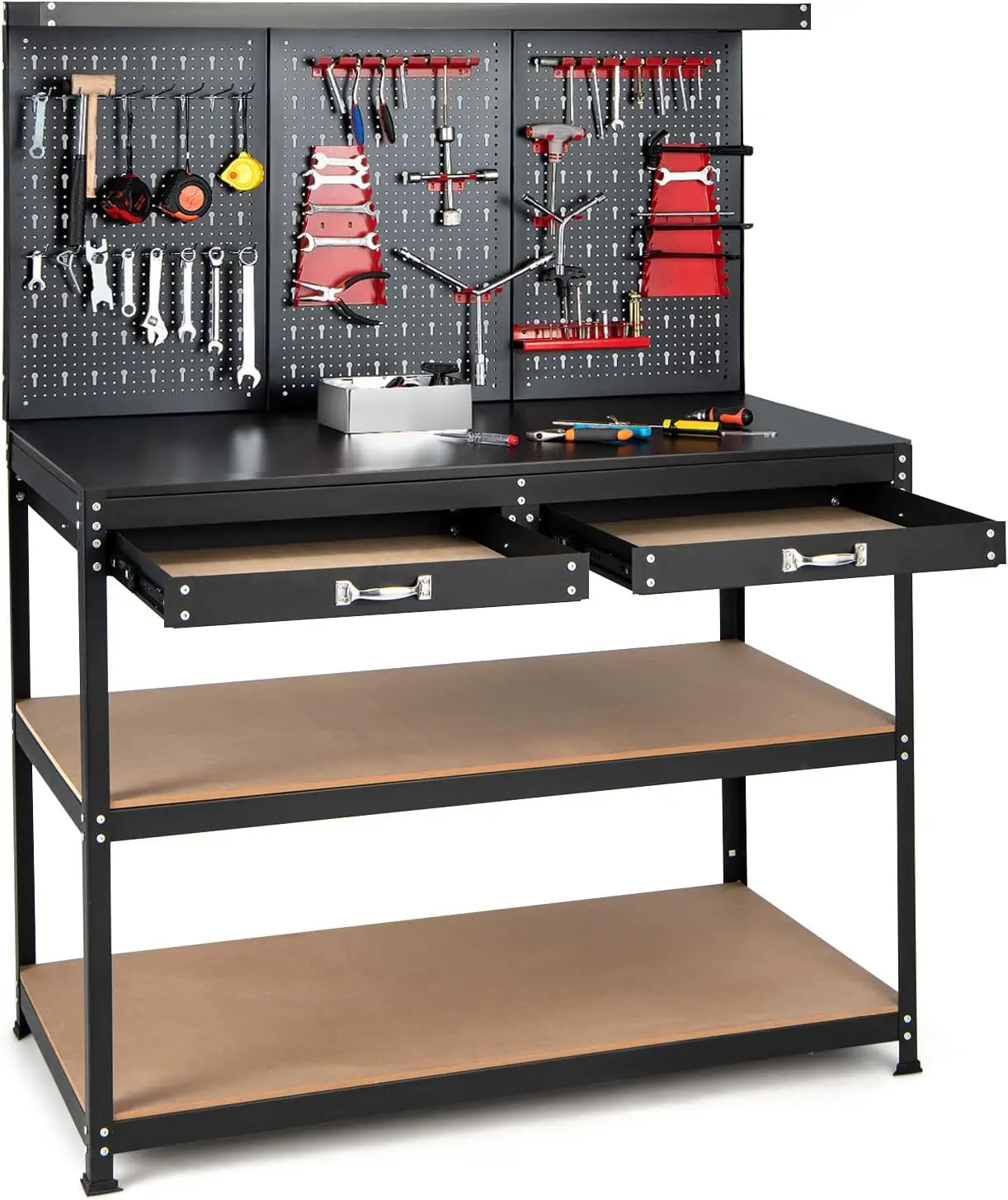 Workbench with Drawers, Duty Workstation Organizer with 25 PCS Hanging Kits, 2 Storage Shelves & 2 Drawers,