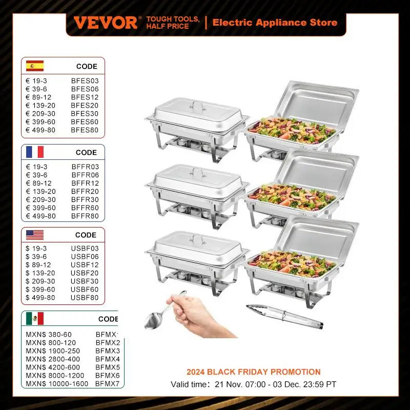 VEVOR 6 Packs 8QT Rectangle Chafing Dish w/ Full Size Pans Buffet Catering Warmer Server Folding Stand Fuel Holder Tray