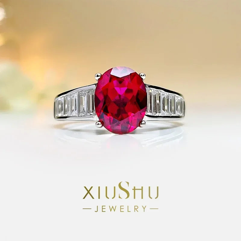 100% 925 Silver Ring Female Egg Shape Temperament Red Corundum Advanced Sense Celebrity Wedding Jewelry Wholesale