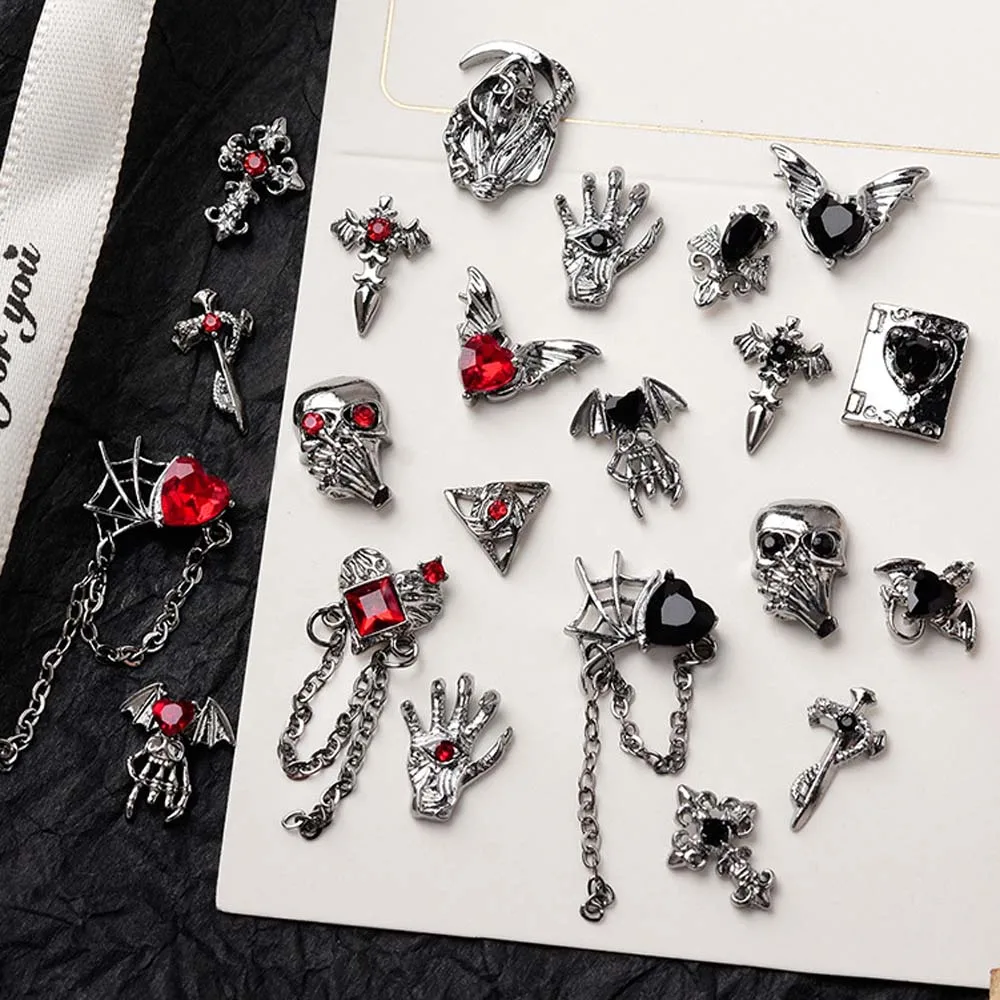 10Pcs Halloween Chain Pendant Nail Art Charms 3D Cross Skeleton Love Inlaid Red Black Gemstone Nail Decoration DIY Nail Supplies