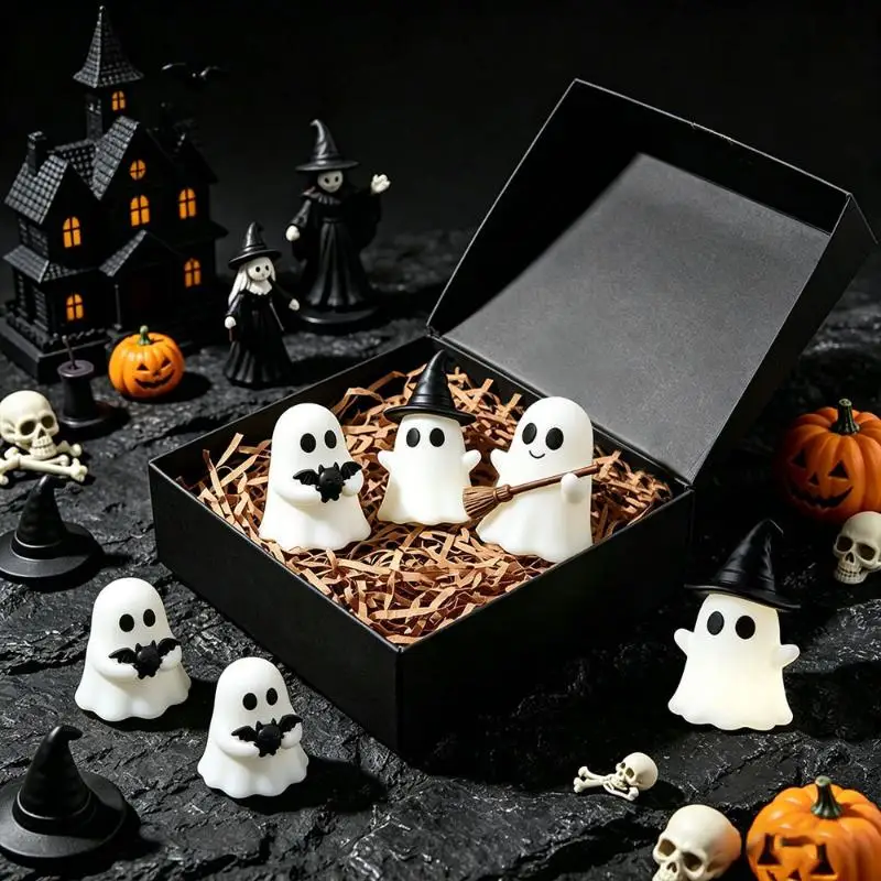 New 1/3Pcs Halloween Luminous Mini Ghost Statue Soft Glow In Dark Cute Spooky Table Decor Baking Topper Holiday Ornament