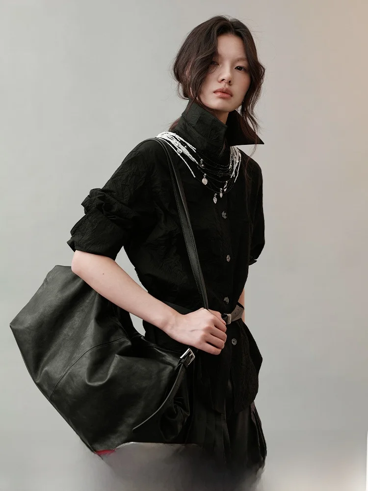 

Genesis【k Pattern Reconstruction】2025 High End Casual Cotton Polyester Women's irt Bird Button Asymmetric Pleated Blouse