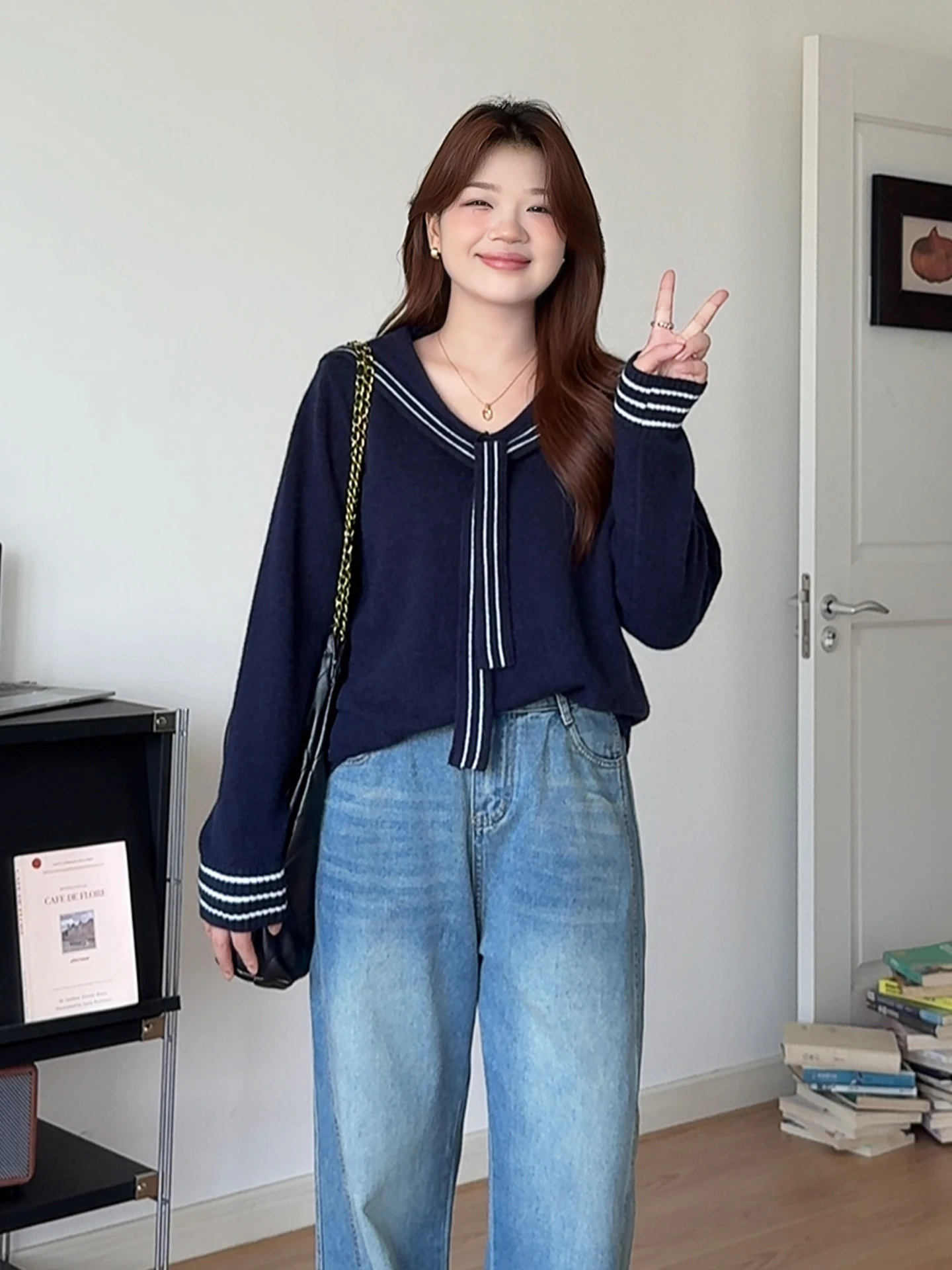 

Трикотаж больших размеров, топ, цветная блузка, темно-синий воротник, Ele Sle для полных женщин, осеннее новое поступление, дышащая, удобная, длинная...