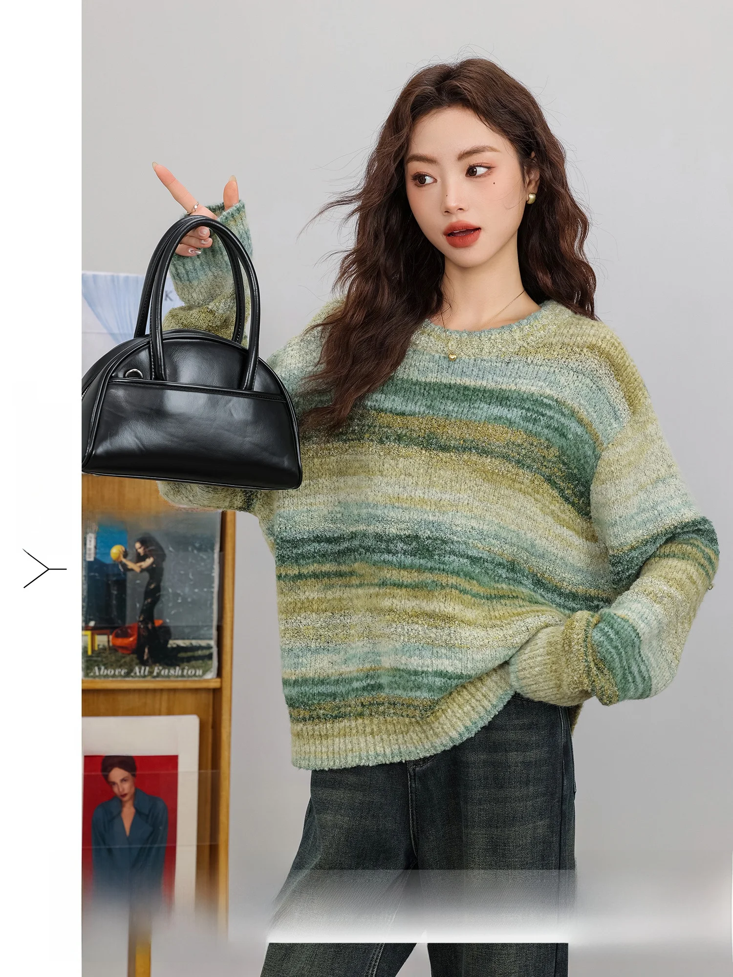 

aduated Color Knitted Loose round Ne Sweater Women's Faion Autumn Winter Casual Comfortable Breathable Knitwear Top