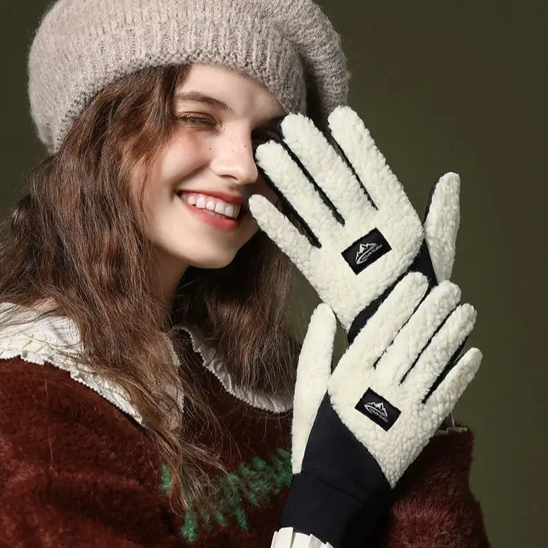 Winter Warm Knitted Gloves Women's Thickened Velvet Outdoor Riding Windproof Coldproof Flip Finger Touch Screen Gloves Skiing