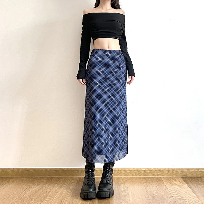 Women Spring Autumn Plaid Print Wrap Hips Skirts Fashion Ankle-Length Sexy Slim Pencil Skirts Preppy Style Girls Slit Midiskirt