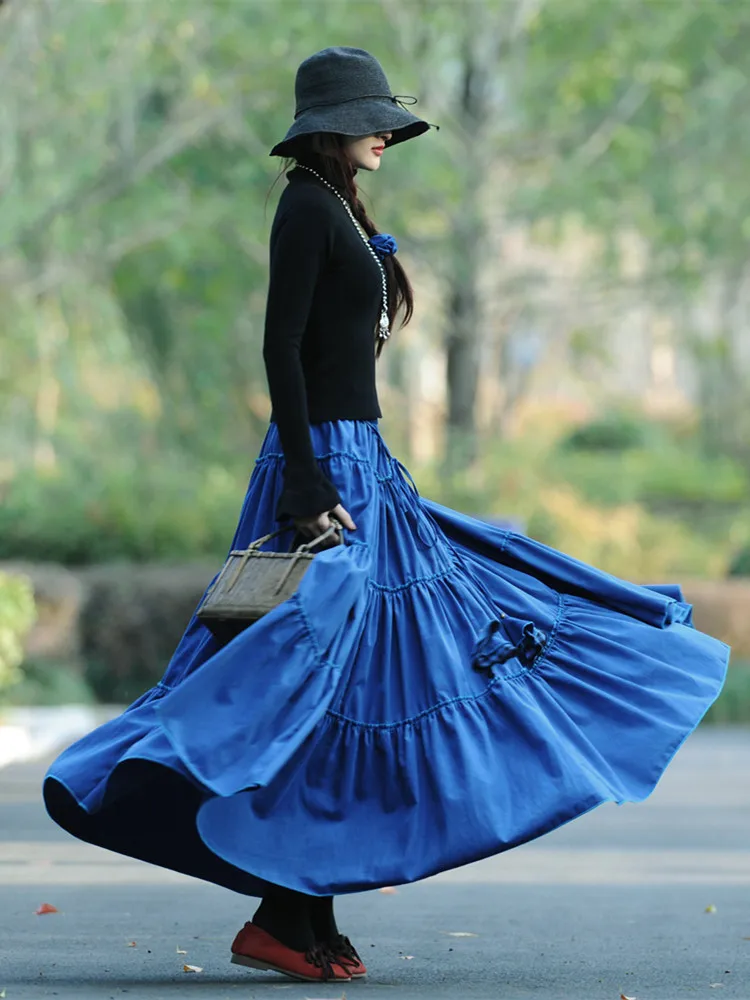 Free Shipping 2022 New Fashion Long Maxi A-line Elastic Waist Women Autumn And Winter S-2XL Corduroy Blue Big Hem Thick Skirts