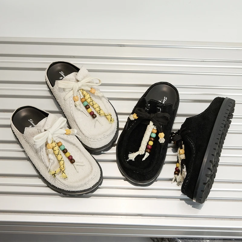 Women's Genuine Leather Non-Slip Half Slippers - Retro Casual Fit