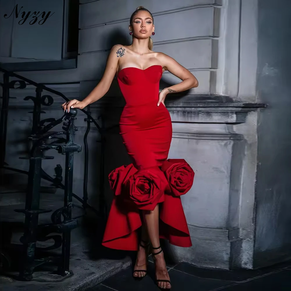 

NYZY E617 Satin 3D Flowers Event Occasion Party Prom Gowns Customized Short Front Long Back Mermaid Evening Dresses Red 2025