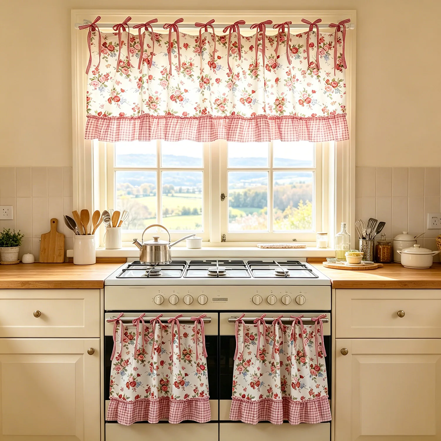 

Oven Curtains for Stove, Ruffled Design with Tie Top Kitchen Cafe Curtains with Valance, Vintage Farmhouse Home Decor