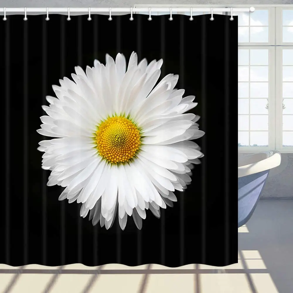 Floral Shower Curtain Raindrops on A White Daisy on a Black Background Polyester Fabric Bath Bathroom Curtains Set with Hooks