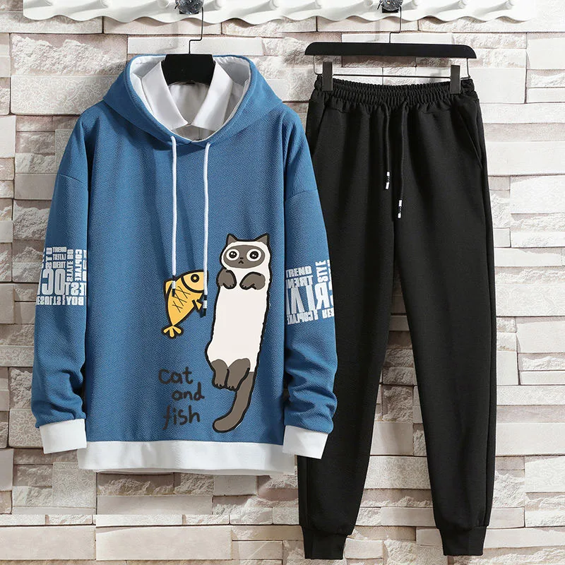 Early autumn new hoodie set casual men\'s printed hooded set versatile ins kitten