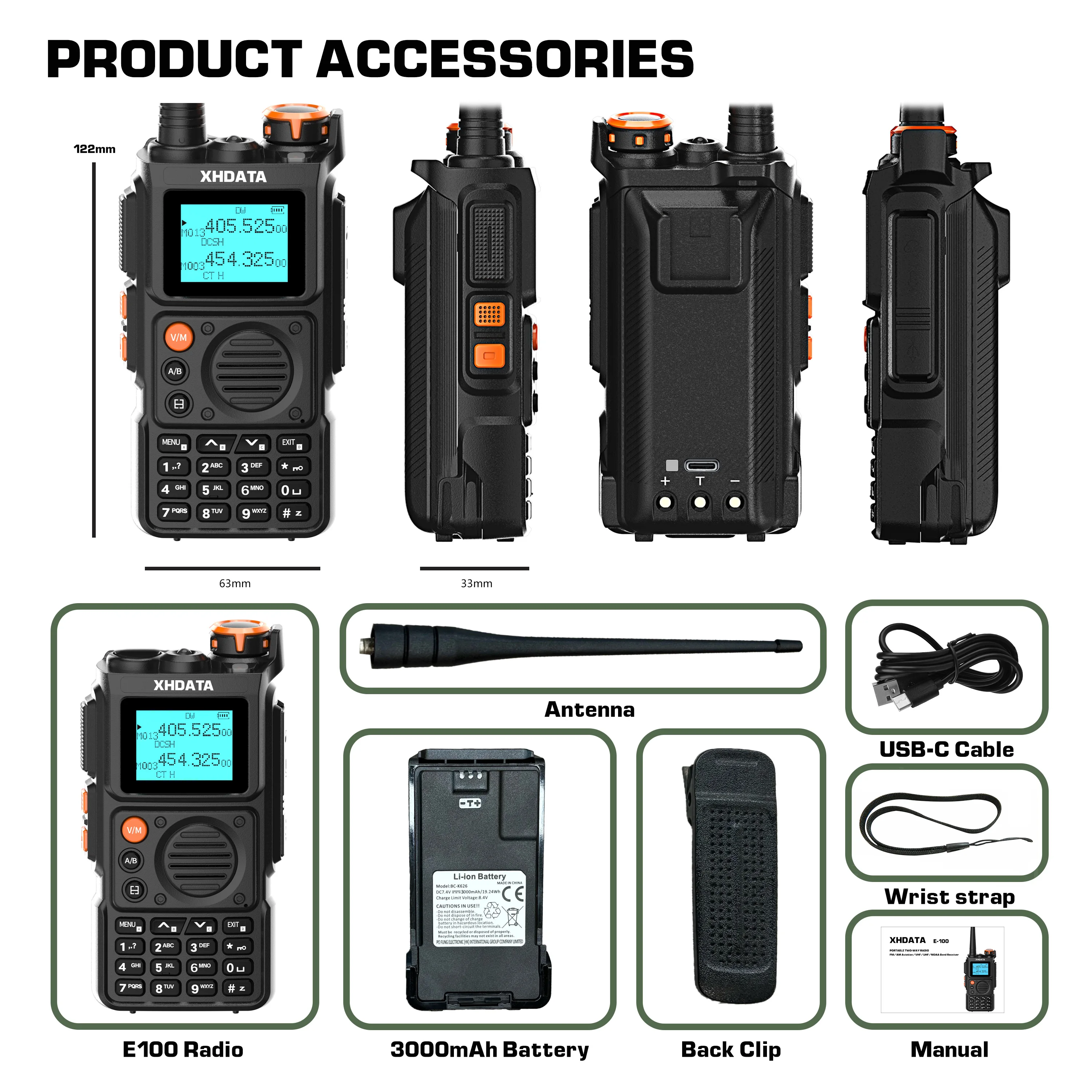 XHDATA E-100 UHF VHF هام راديو لاسلكي تخاطب 3000mAh قوة كامل النطاق TypeC شحن تردد لاسلكي استنساخ طويل المدى