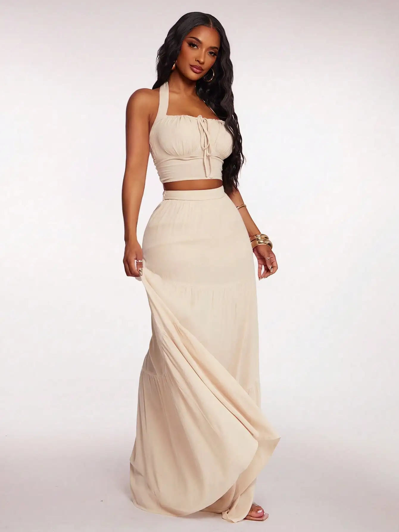 Beige Boho Two Piece Set: Halter Crop Top with Drawstring + High Slit Maxi Skirt for Summer Vacation