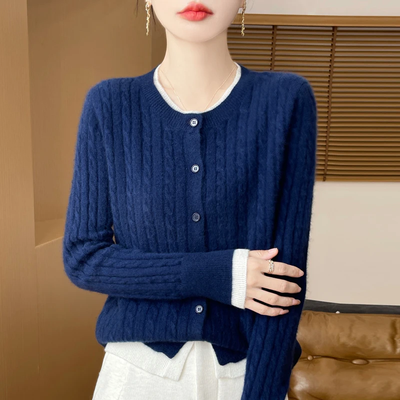 100% Merino Wool Knitted Cardigan Round Neck Color Blocked Fashionable Long Sleeve Elegant Warm Autumn/Winter Jacket Sweater Top