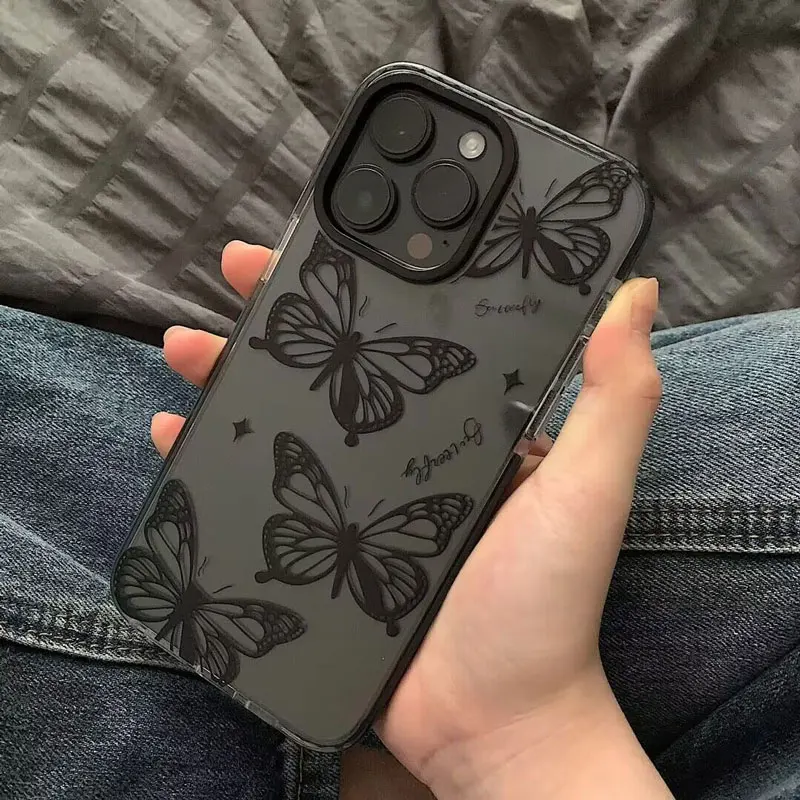 2023 Suitable Shockproof For iPhone 15 14 13 12 11 Pro Max XR XS 7 8 Plus Transparent Phone Case Coffee Black Butterfly Pattern