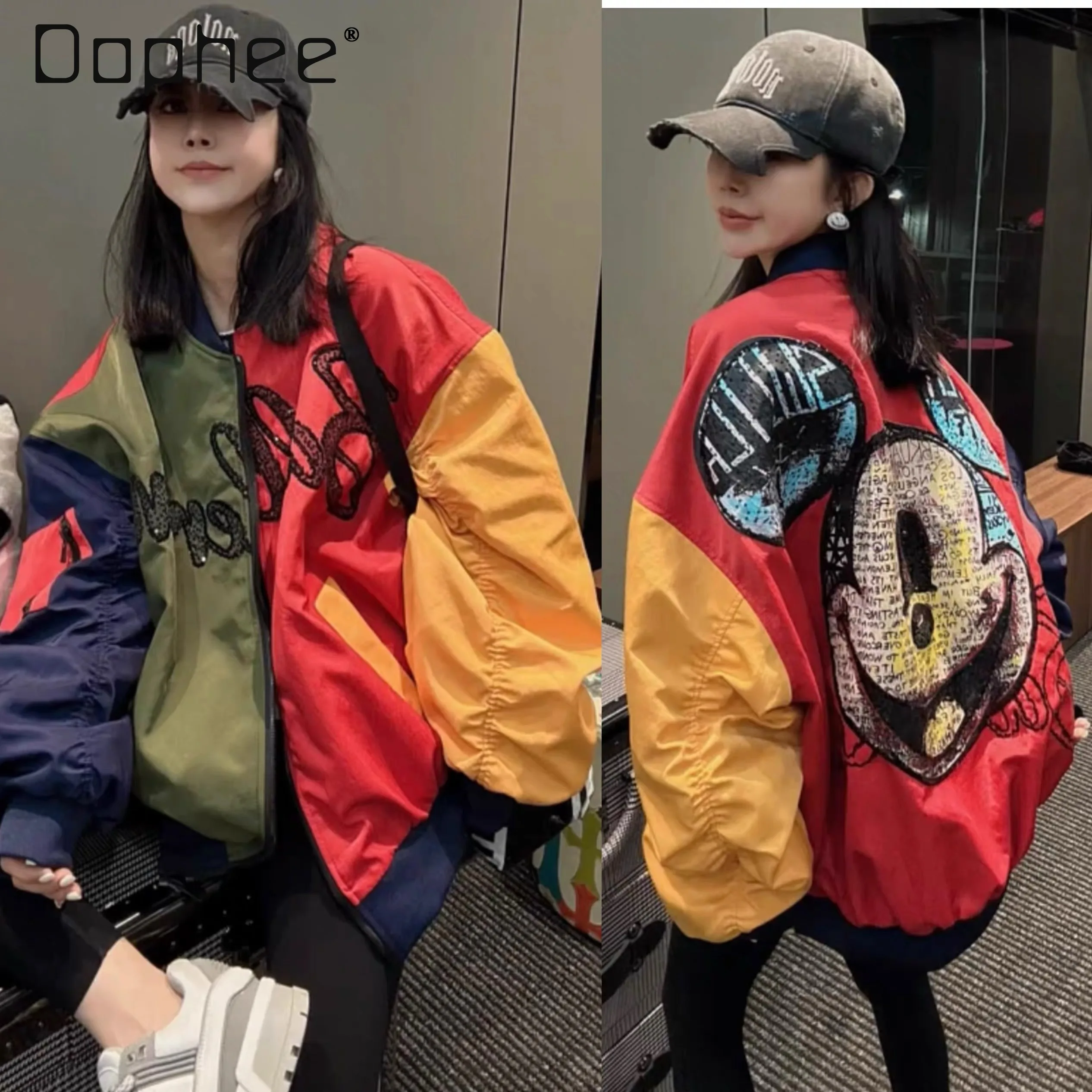 

2025 Winter New European Style Stand Collar Loose Cartoon Patch Sequin Loose Baseball Jacket Cotton Coat for Women