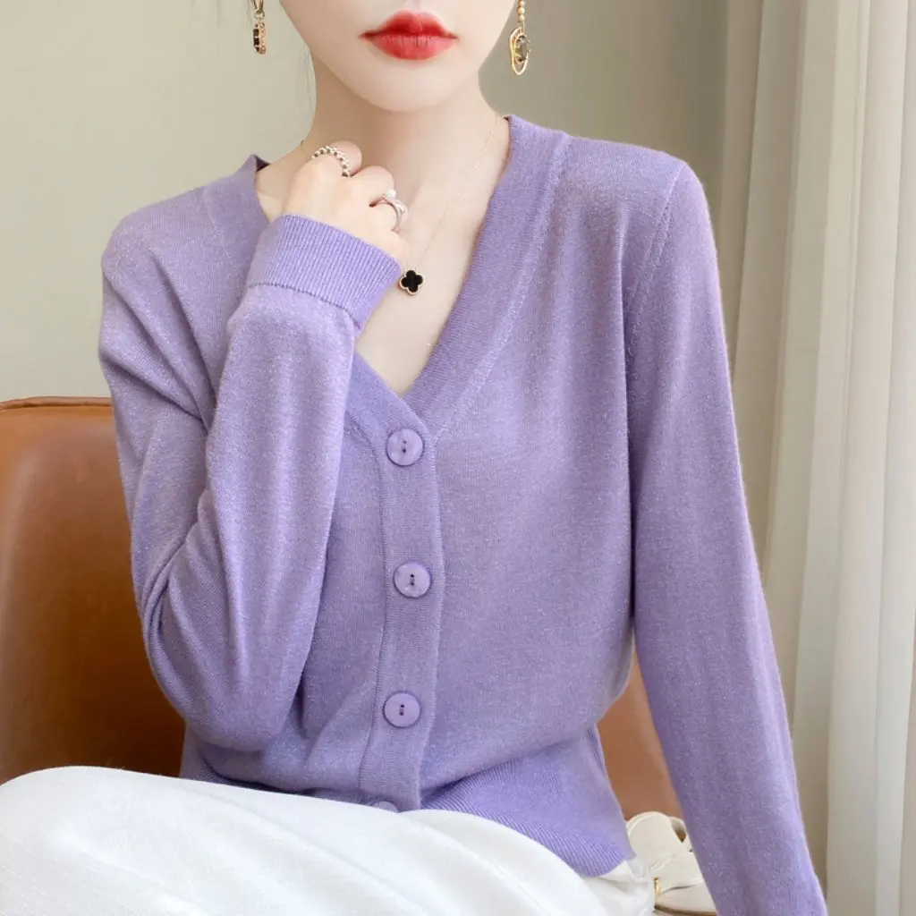

Women's Wool Blended Cardigan Sweater Short Loose V Neck Pure Color Buttoned Long-Sleeved Knittedwear for Autumn Winter