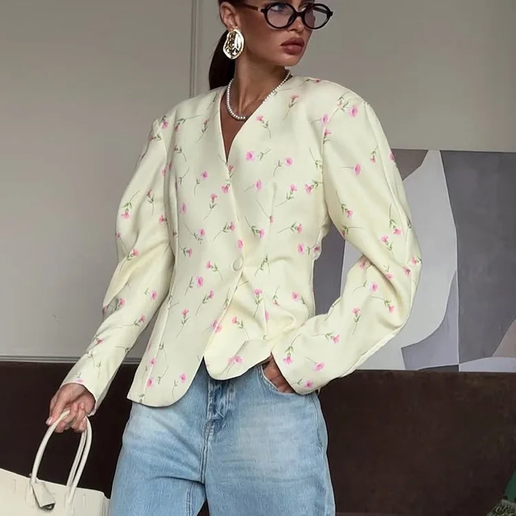 Cream Pink Tiny Floral Blazer V Neck Hidden Button Tailored Waist Long Sleeve Slim Fit Vintage Flower Print Casual Suit Jacket H