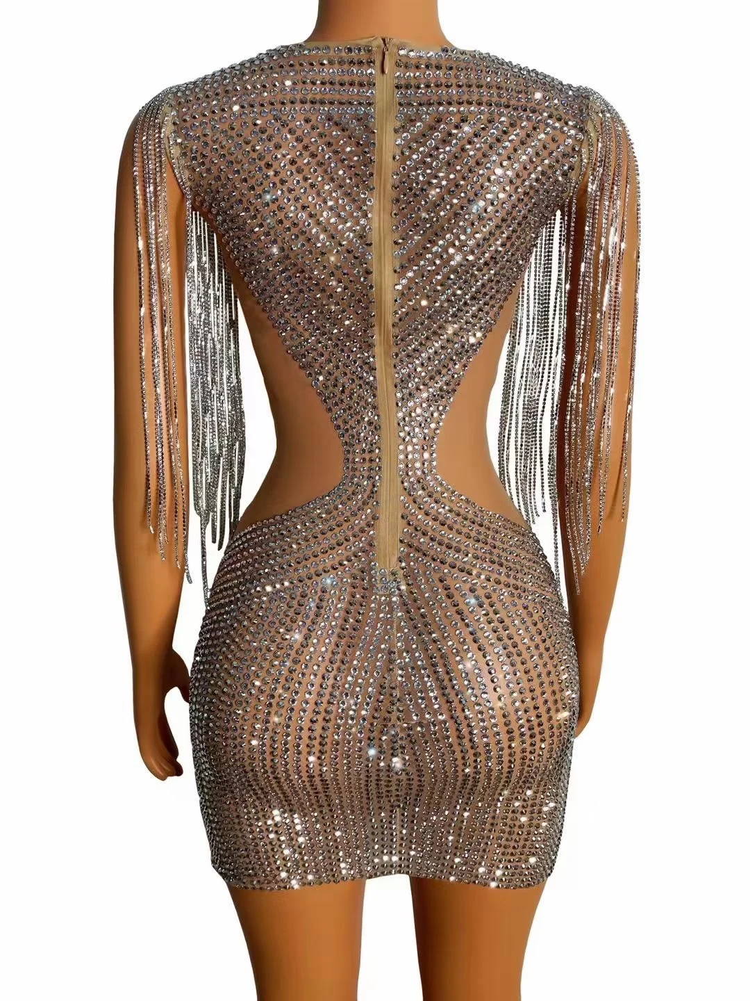 New Silver Diamond Chain Sexy Club Stage Dress Luxury Mesh prospettiva Dress dea regalo di compleanno Fashion Performance Dress