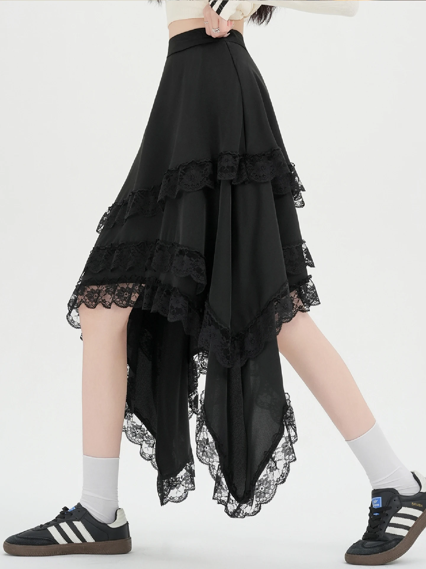 

Bla Lace Trim f Skirt Women's Spring Summer Unique Asymmetrical High Waist Faionable Versatile A-Line Midi Skirt