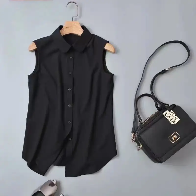 2024 Summer Women\'s Fashion Sleeveless Elegant Button Up Shirt Office Lady Black White Business Casual Turn Down Collar Blouse