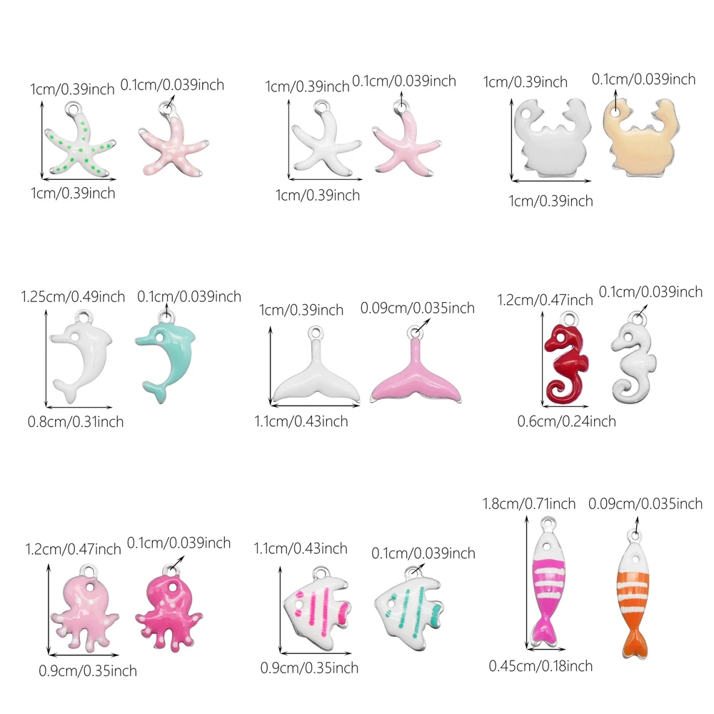 10Pcs Stainless Steel Charms Sea Life Series Enamel Double Sided Pendant Crab Fish Seastar Shaped Dangle for Jewelry Making