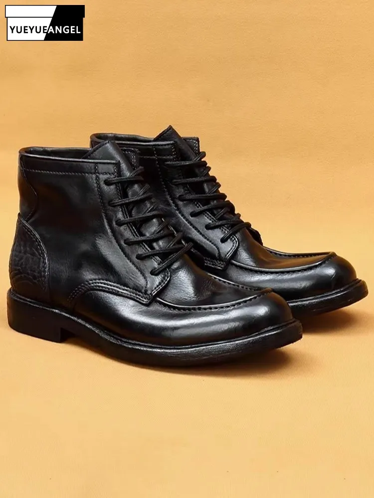 

Модные однотонные круглые ботильоны из натуральной кожи в английском стиле, мужские молодежные трендовые ботинки высшего качества на шнуровке из воловьей кожи ручной работы