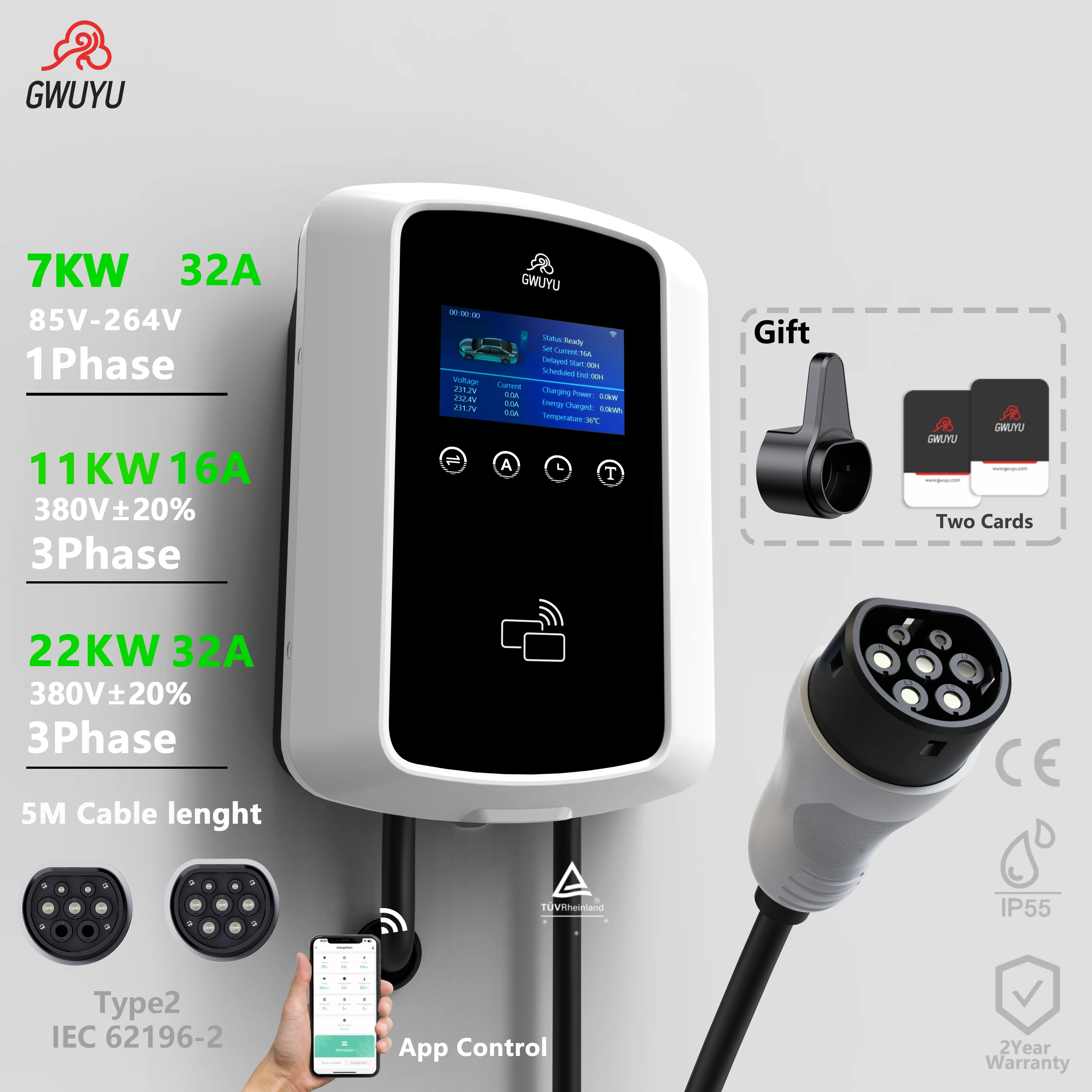 

Зарядная станция GWUYU EV Wallbox Type 2 7 кВт 11 кВт 22 кВт, стандарт ЕС, с управлением через приложение, умная настенная зарядная станция для электромобилей
