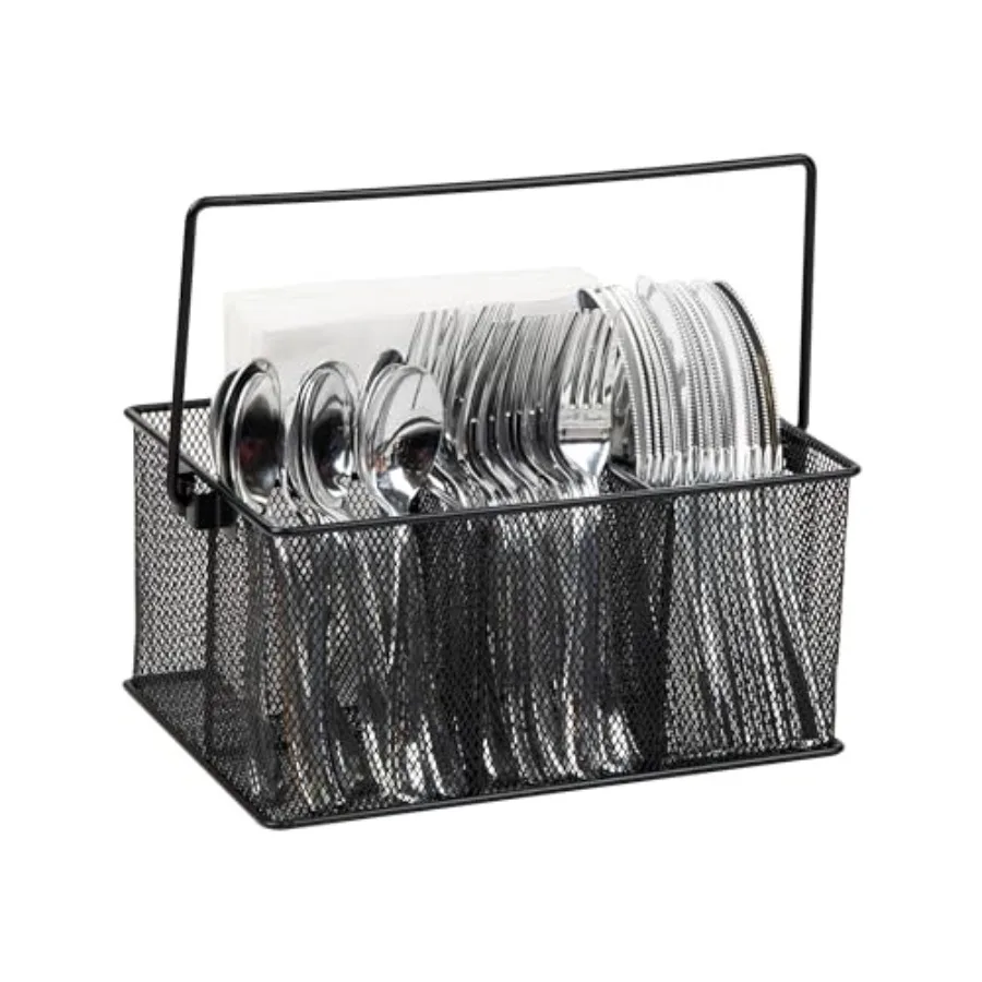 

Multi-purpose Storage Caddy with Handle, Desktop Organizer, Cutlery Holder, 4 Compartments, Metal Mesh