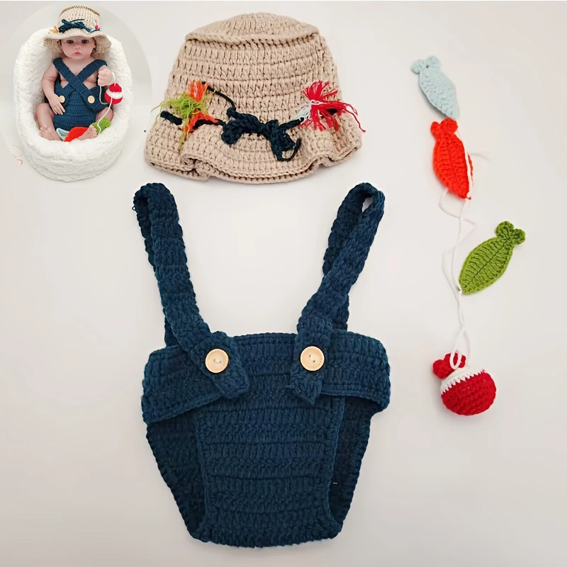 

3 шт. костюмы рыбака реквизит для фотосъемки новорожденных мягкие рыбацкие шапки ручной работы и подтяжки шорты крючки реквизит для студийных фотографий