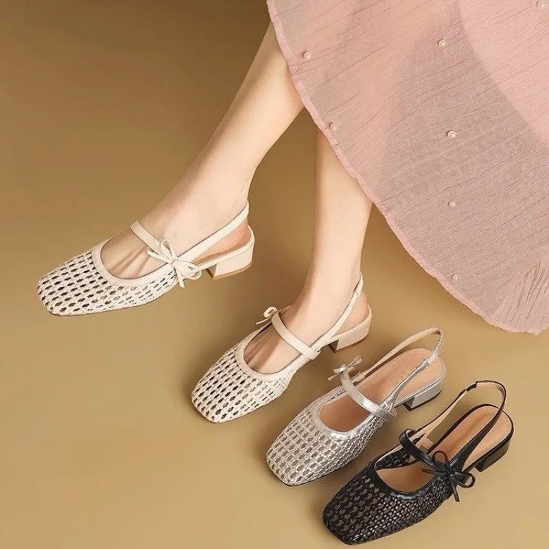 Woven Breathable Hollow One-word Strap Toe Sandals for Women Summer New Outer Wear Women's Thick Heels