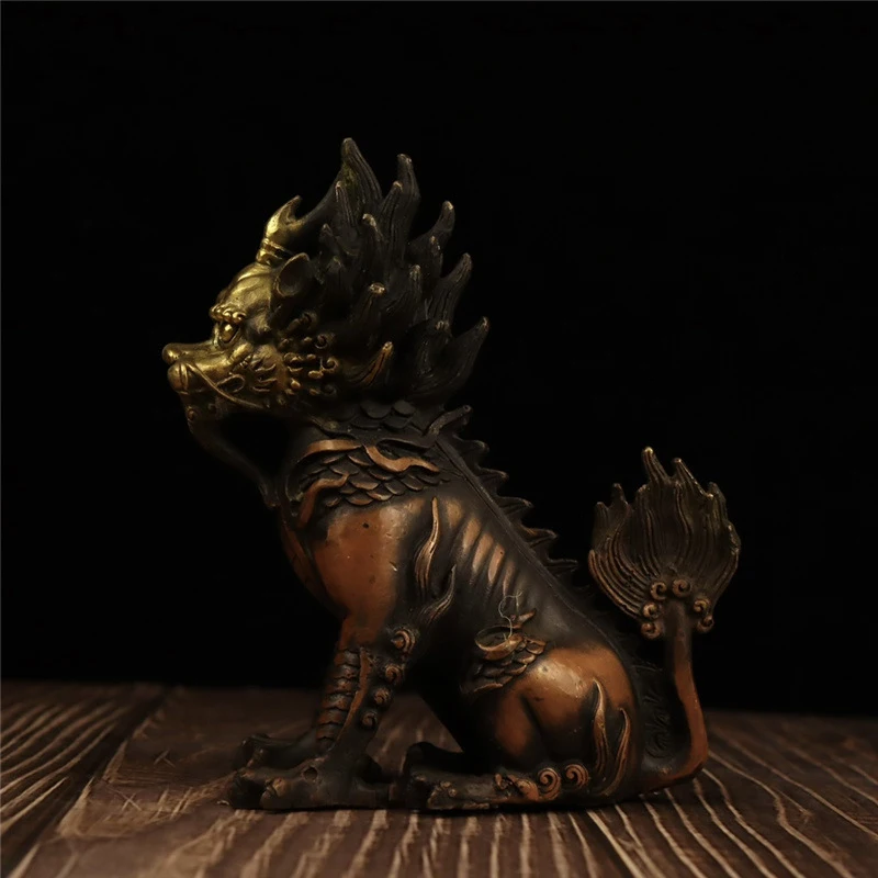 Sitting , Single-Horned Fire , Gold-Plated Brass, Red Copper Color Pixiu Ornament