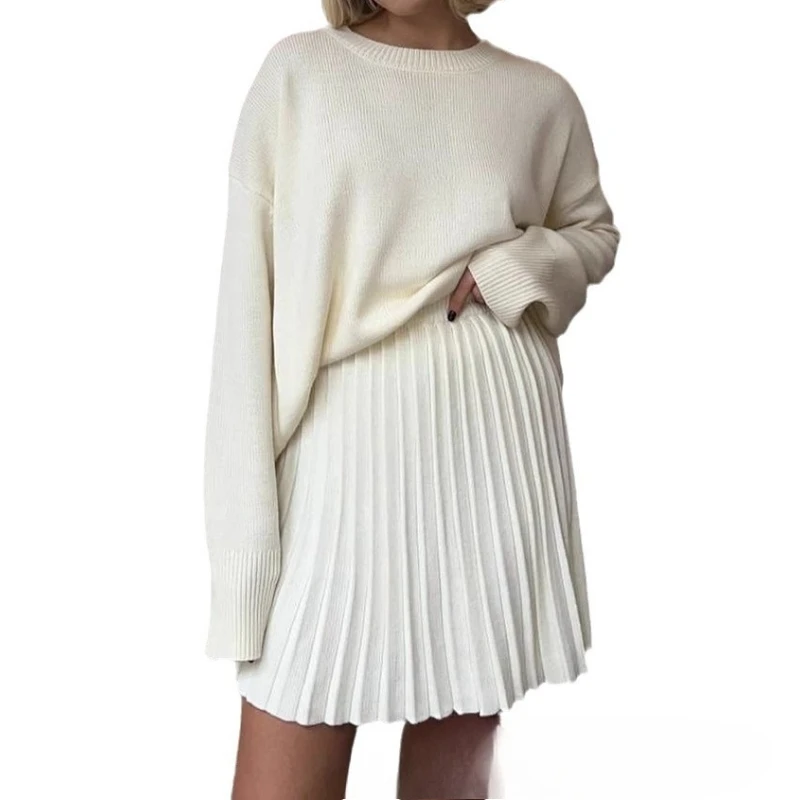 Hot Selling Solid Color Crew Neck Sweater Pleated Skirt Set Women's 2025 New Knitted Short Skirt Two-piece Set