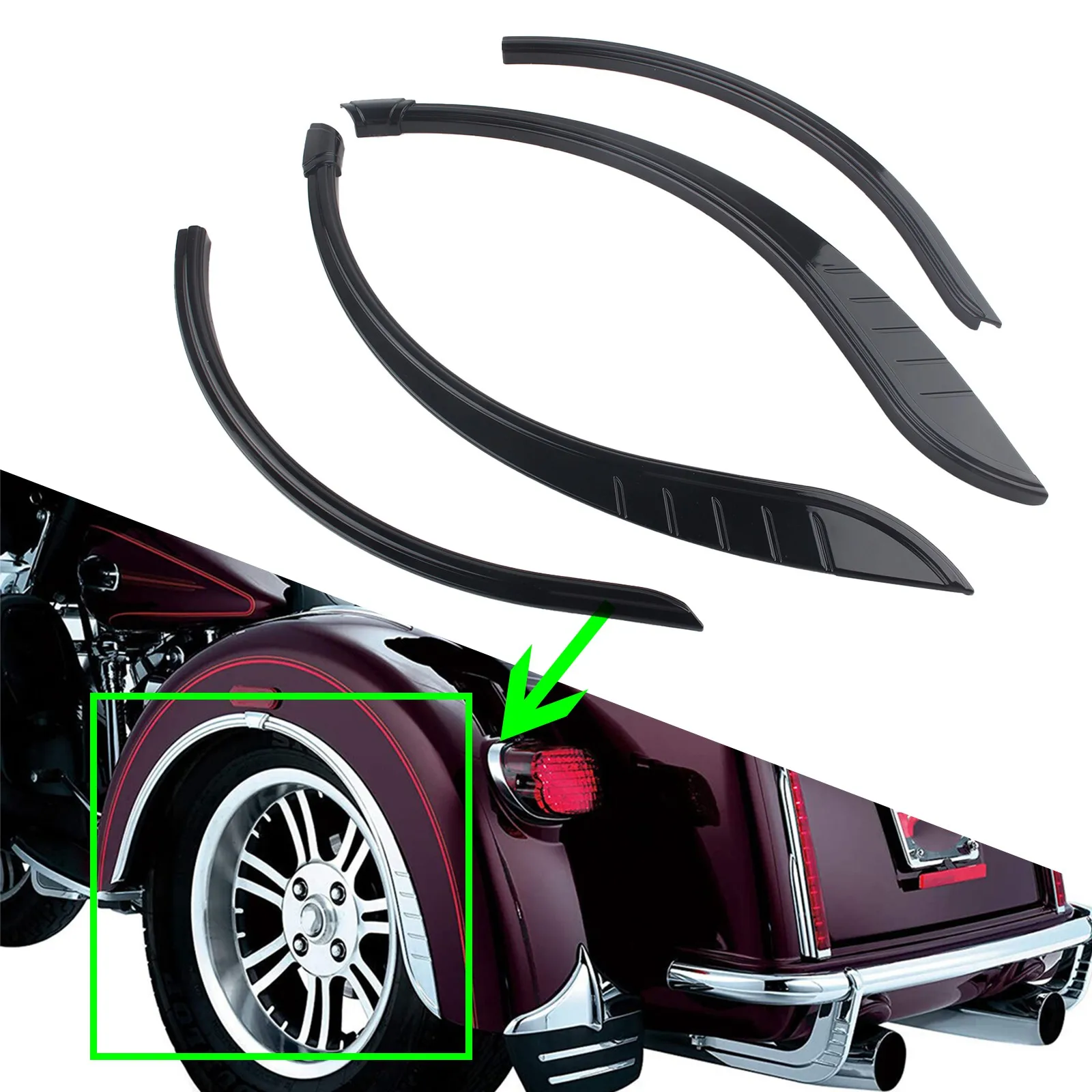 For Harley Tri-Glide Ultra FLHTCUTG Rear Fender Flares Skirts Trim Accent Chrome Black For Harley FLHXXX Street Glide Trike