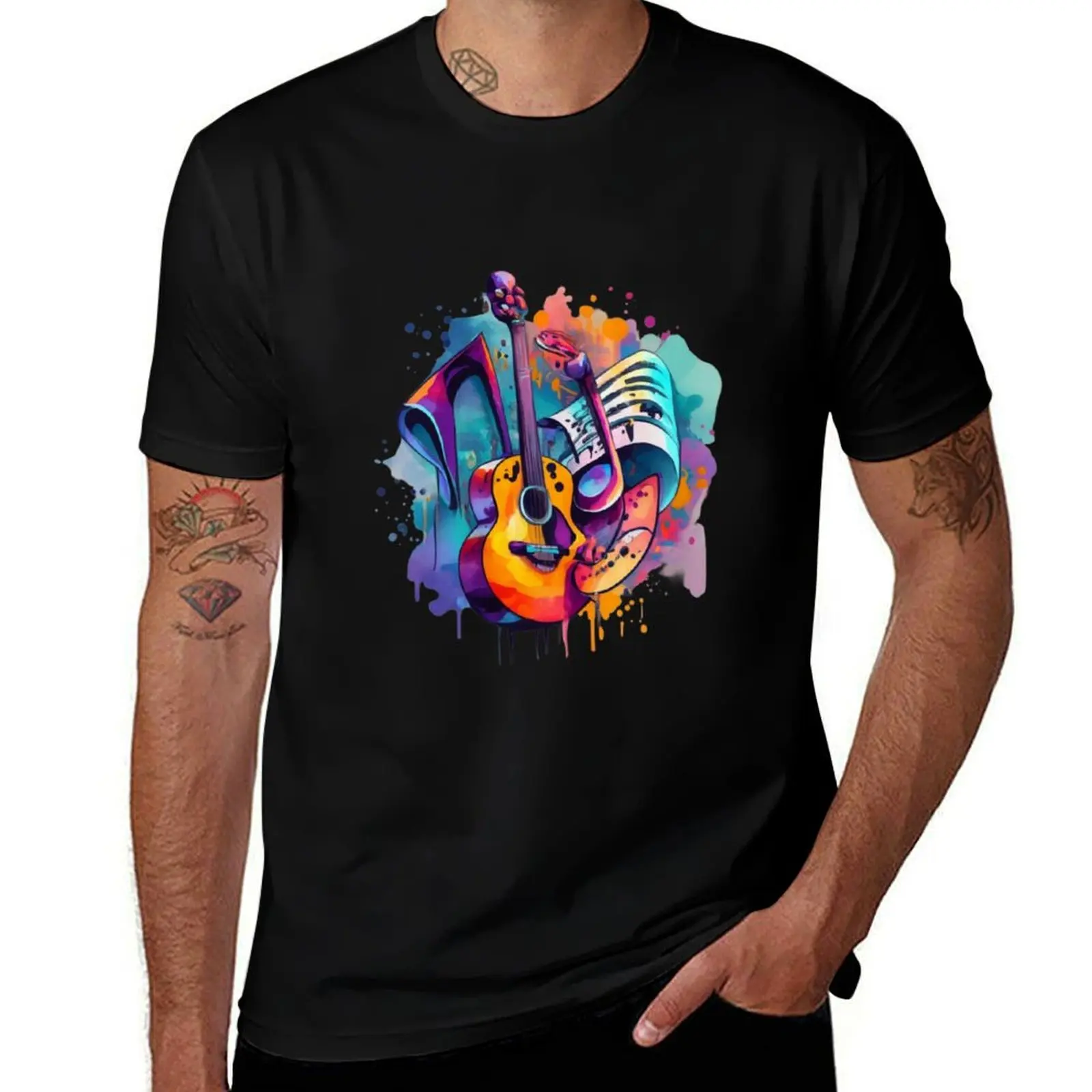 Gitar watercolor painting T-Shirt graphics customs graphic tee shirt oversizeds big and tall t shirts for men