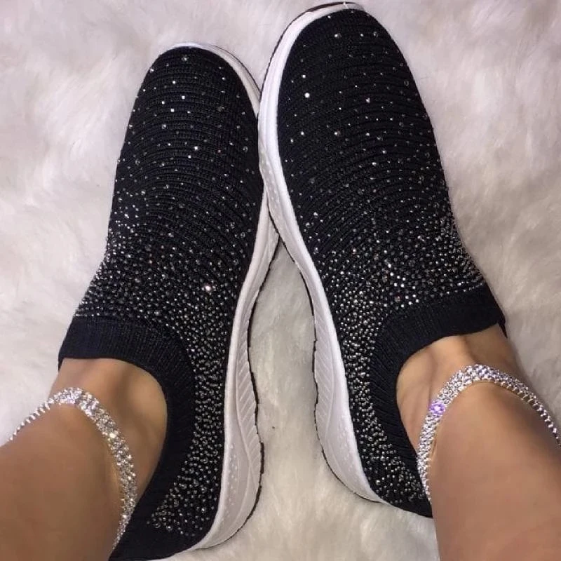 New Women Ankle Shoes Ladies Bling Flats Woman Fashion Loafers Crystal Womens Sneakers Casual Slip on Mesh Tennis Shoes