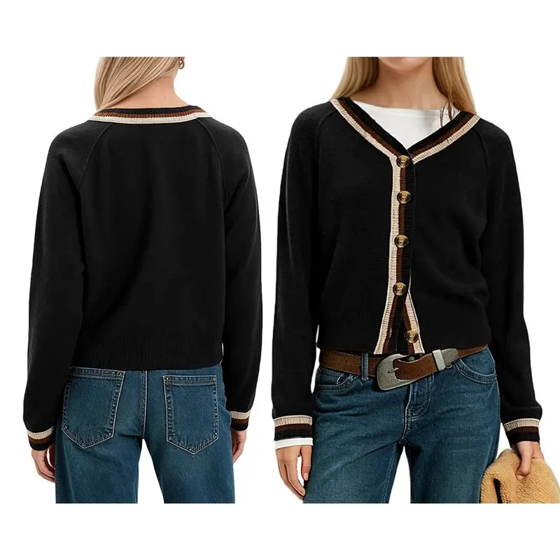 NEW-Women's Cropped Cardigan Sweaters Fall Long Sleeve Button Down Color Block Knit Outwear Coats