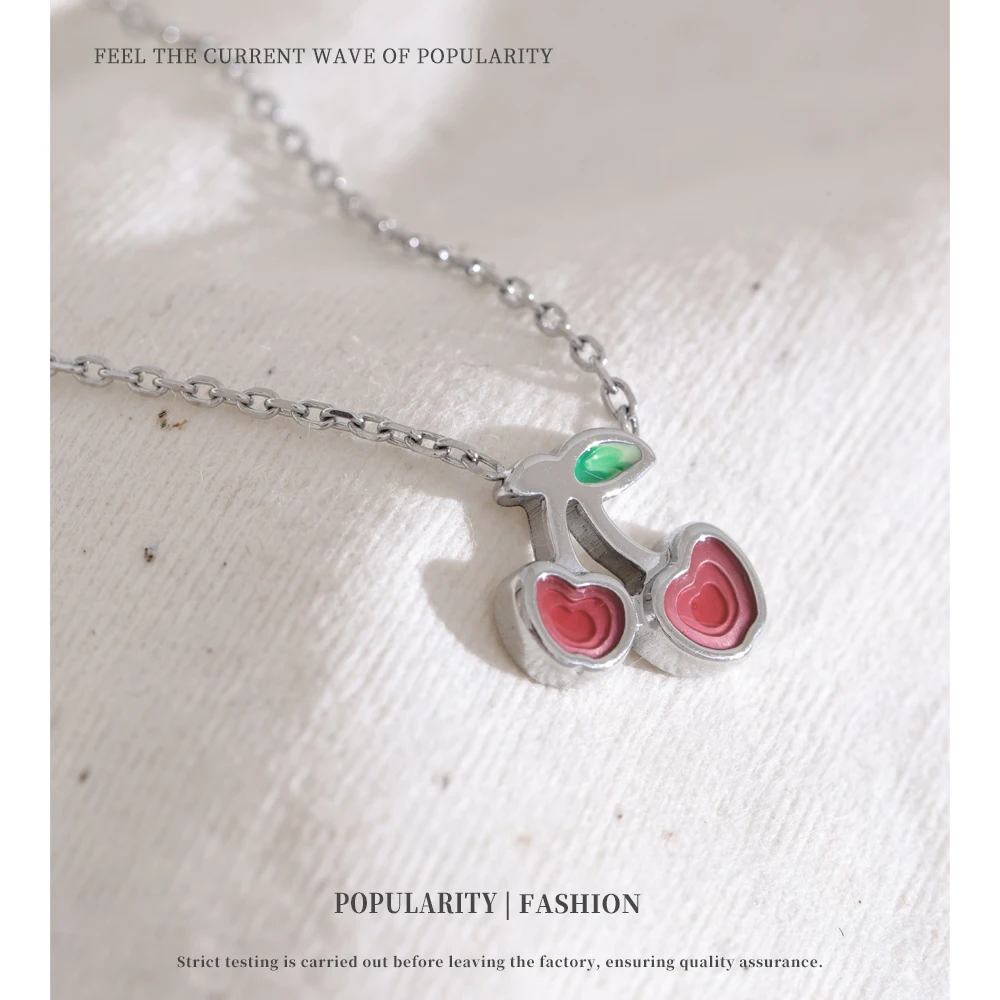 NiNice Necklaces for Women Stainless Steel Original Cherry Red Enamel Fruit Pendant Earring Fashionable Simple Waterproof