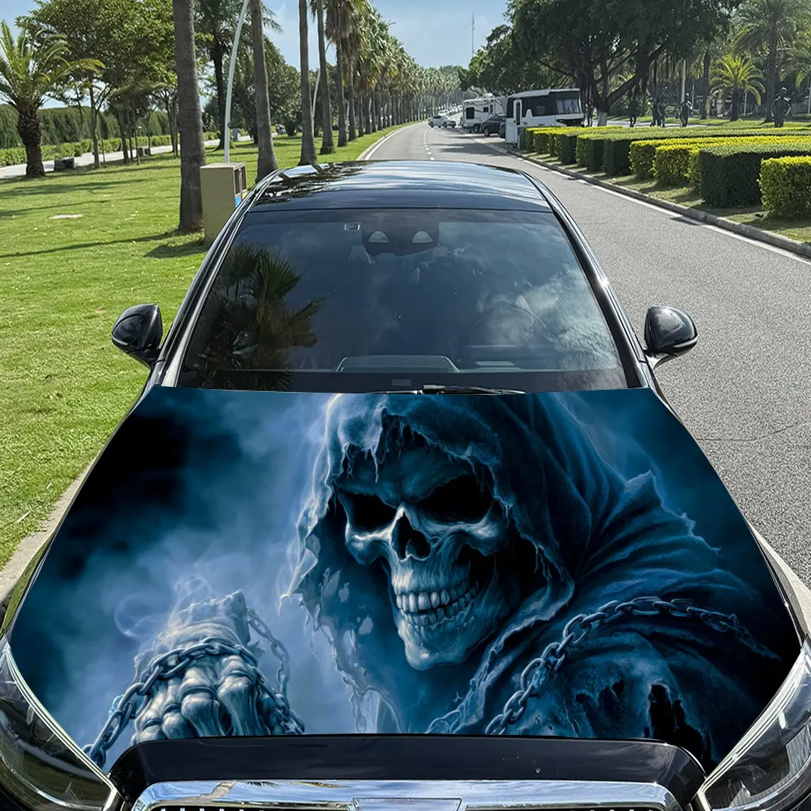 

Mythical Grim Reaper with Skeleton Hand PVC Car Engine Hood Vinyl Wraps, Self-Adhesive Waterproof Car Hood Decal Sticker, Car De