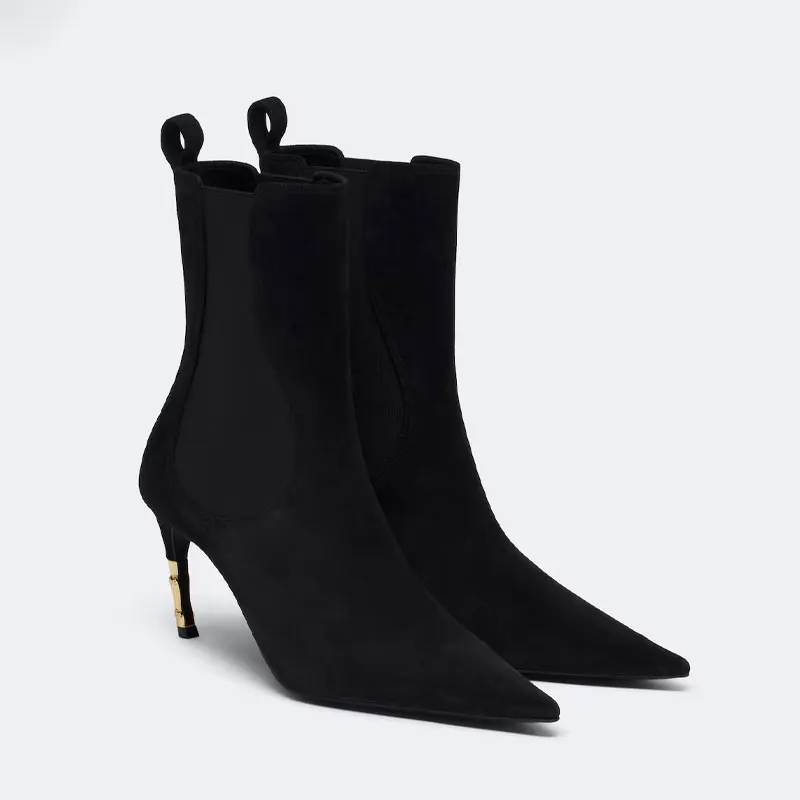 Women's New Knee High Boots with Pointed Kitten Heel and Stretch Fabric for Autumn and Winter Party Fashion, Mid Length Boots