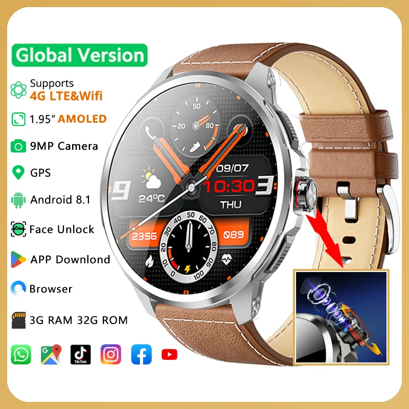 4G Net Android AMOLED Smart Watch With SIM Card 9MP Camera Support Maps APP Free Download Face Unlock GPS WIFI Call Smartwatch