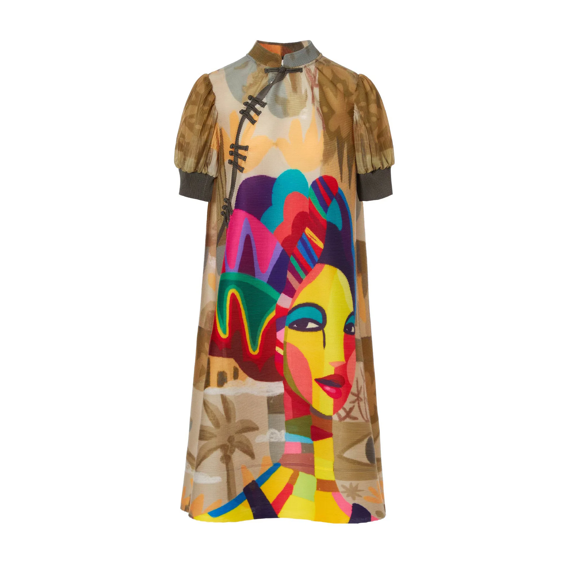 Miyake Pleated Dress Women\'s 2024 Summer New Fashion Printed Stand-up Collar Short-sleeved Loose Slim Elegant Mid-length Skirt