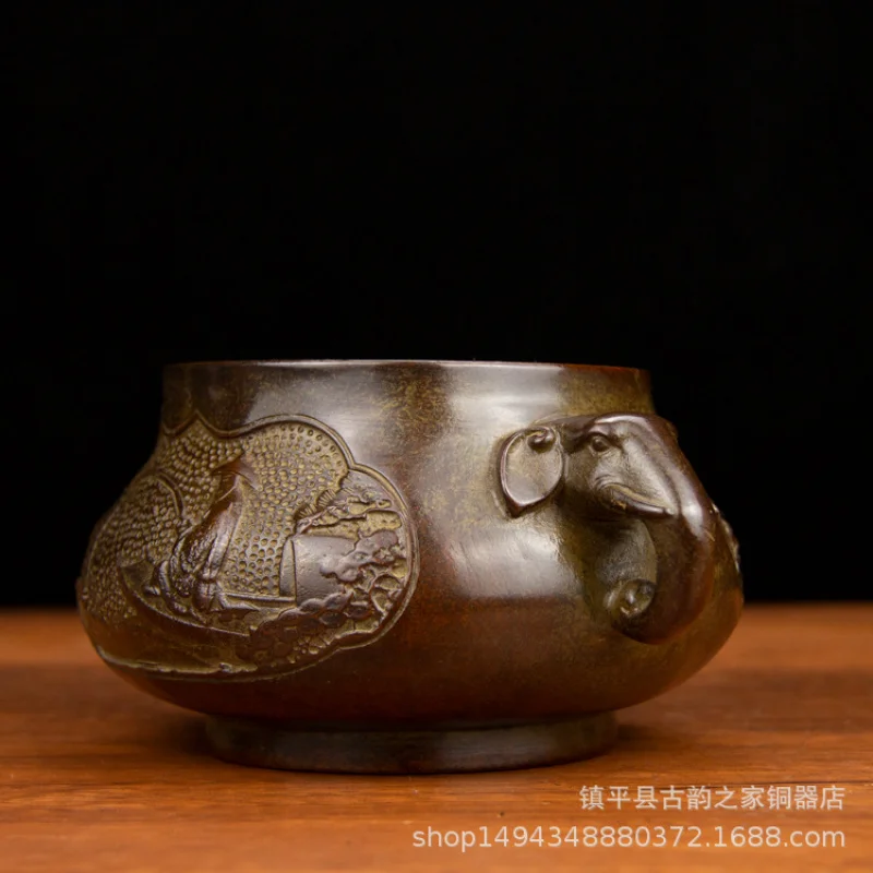 Pure Copper Elephant Ear Double Dragon Playing with Pearls Incense Burner Brass Treasure Bowl Ornament Office Shop Living Room D