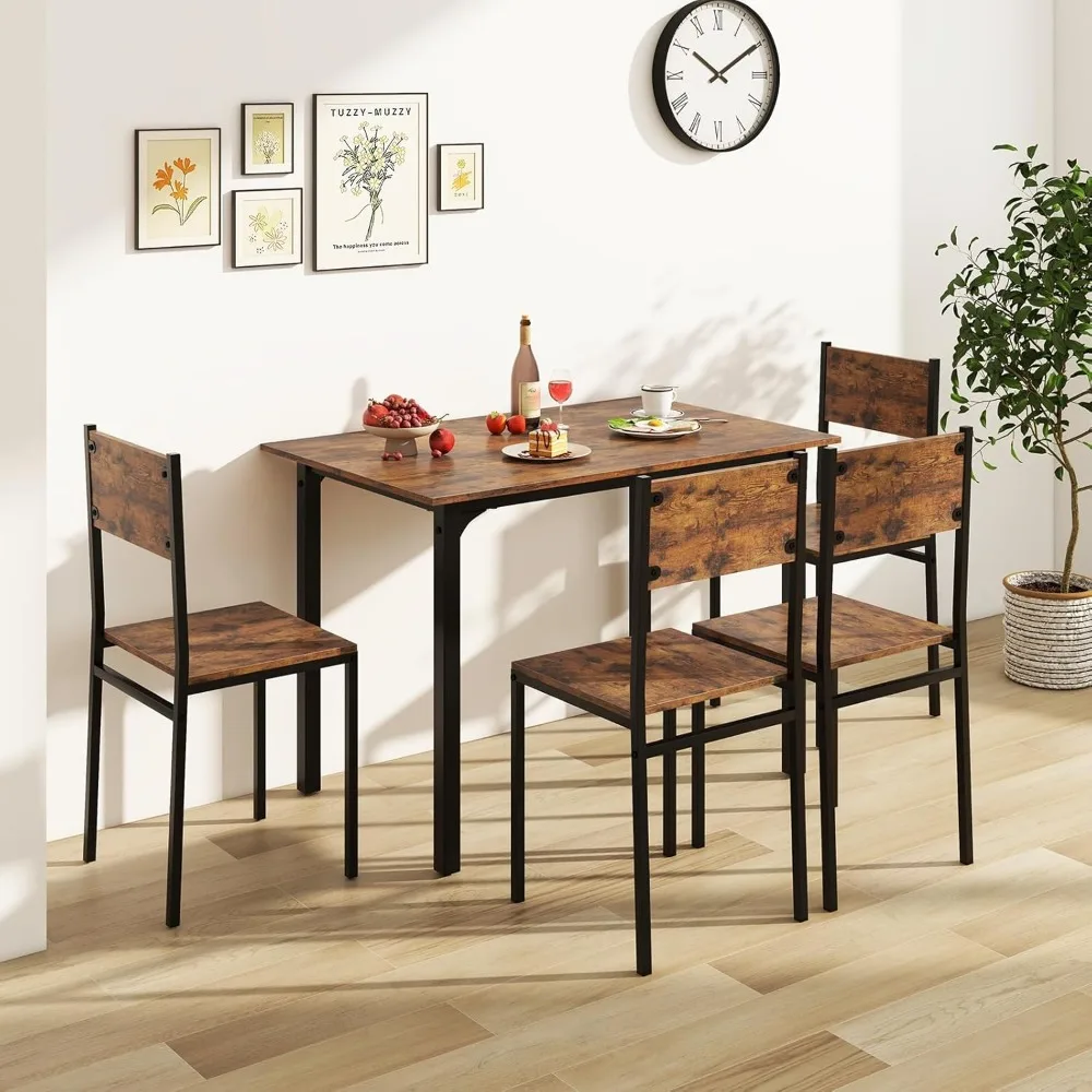 Dining Table Set for 4, 5-Piece Kitchen Table Set with Dinner Table, Dining Chairs, Metal Frame, Space-Saving Dinette Se