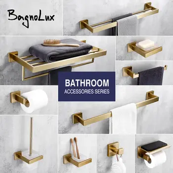 拉絲金浴室配件套裝,包括馬桶刷架、衛生紙架、毛巾桿、置物架、掛鉤和皂碟等五金配件。 10 最佳銷售 浴室配件套裝 - №4