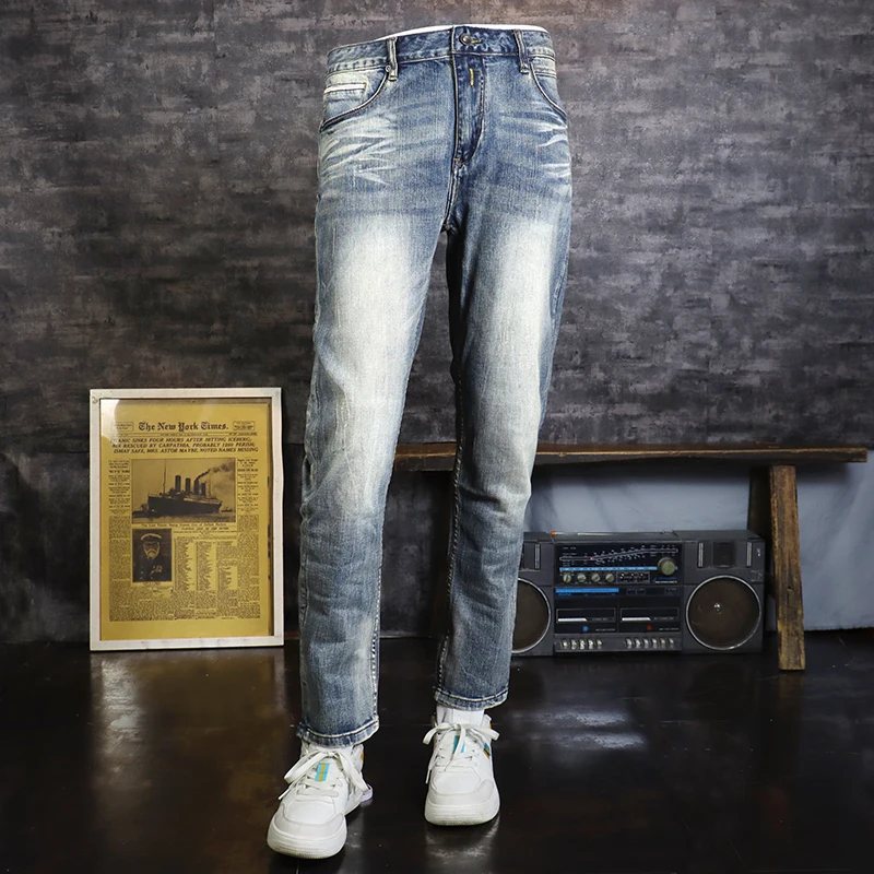 Italian Style Fashion Men Jeans High Quality Retro Blue Stretch Slim Fit Ripped Jeans Men Vintage Designer Denim Pants Hombre