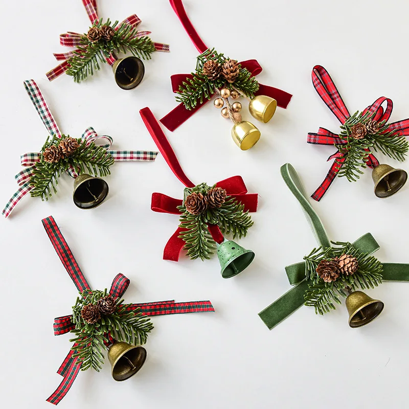Christmas Pendant Bells With Bows And Pine Cones Xmas Tree Hanging Pendant Christmas Tree Pine Cone Scene Decoration