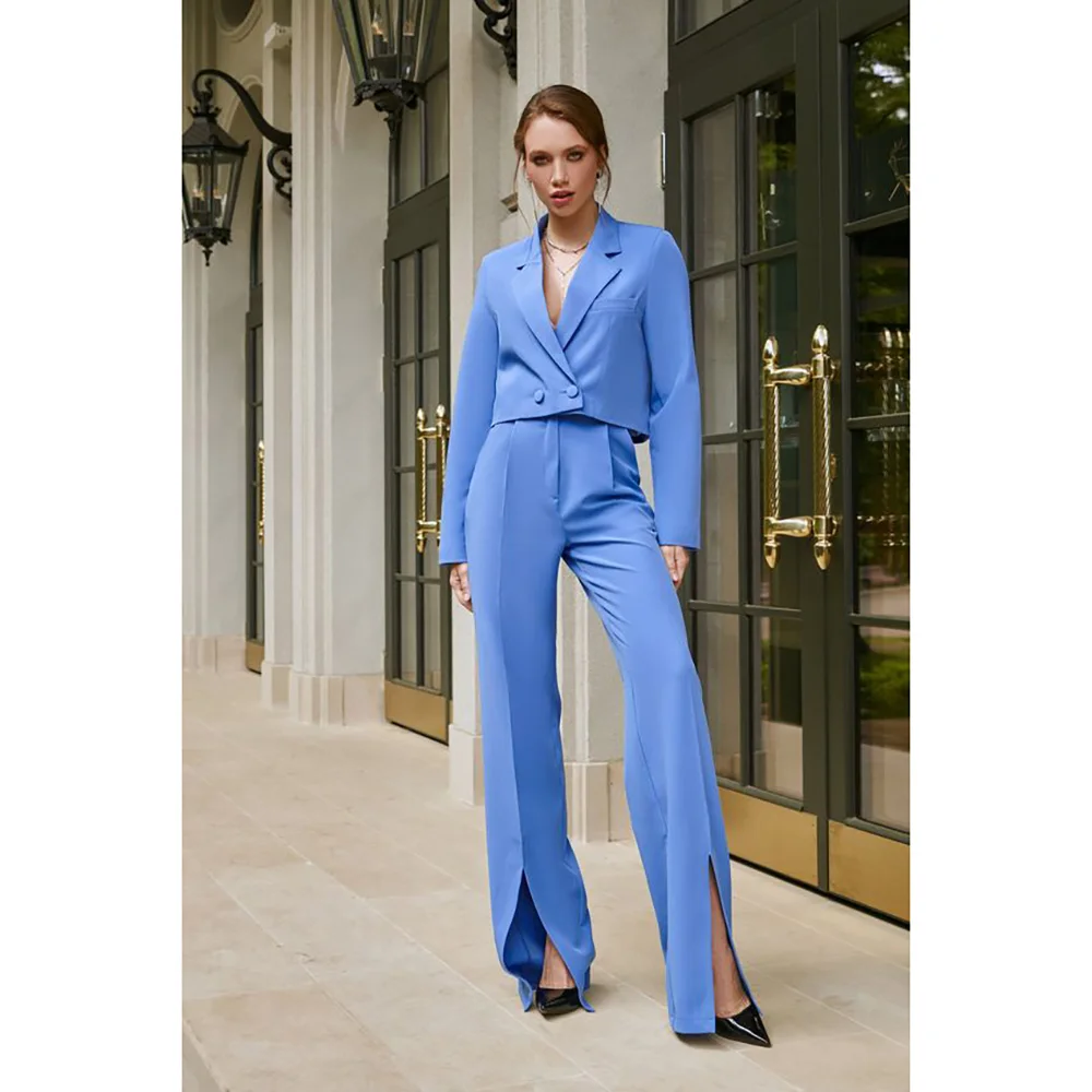 Solid Color Double Breasted Peak Lapel Short Women Suits Casual Daily Summer Full Set New Design 2 Piece Jacket Pants Blazer